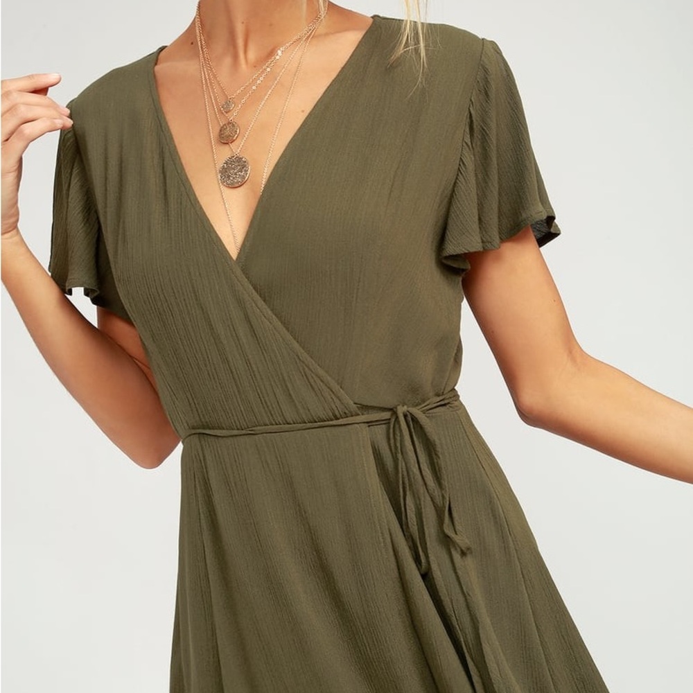 Lulu's Olive Green V-Neck Wrap Short Dress - Picture 3 of 8